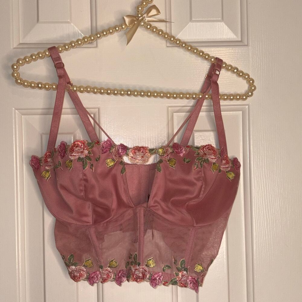 Victoria's Secret Floral Embroidered Bustier Crop Top Pink Mesh Size Small DD